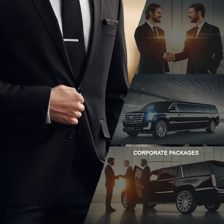 Collage showing luxury transportation for corporate services, including executive transfers, business meetings, and VIP client transportation by Miami Premier Transportation