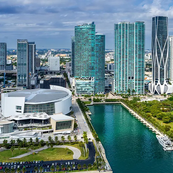 View of Kaseya Center and surrounding downtown Miami buildings, representing a vibrant area served by Miami Premier Transportation