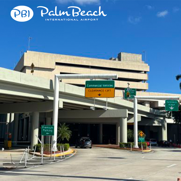 Palm Beach International Airport (PBI) entrance, representing a key travel hub served by Miami Premier Transportation's airport transfer services