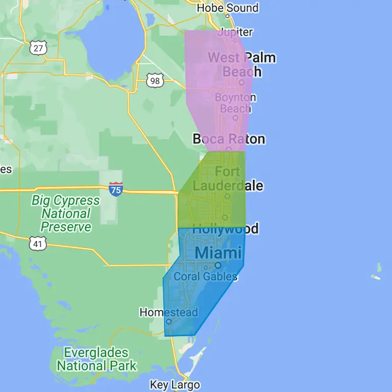 Map of South Florida highlighting the tri-county areas of Miami-Dade, Broward, and Palm Beach, representing the service area covered by Miami Premier Transportation